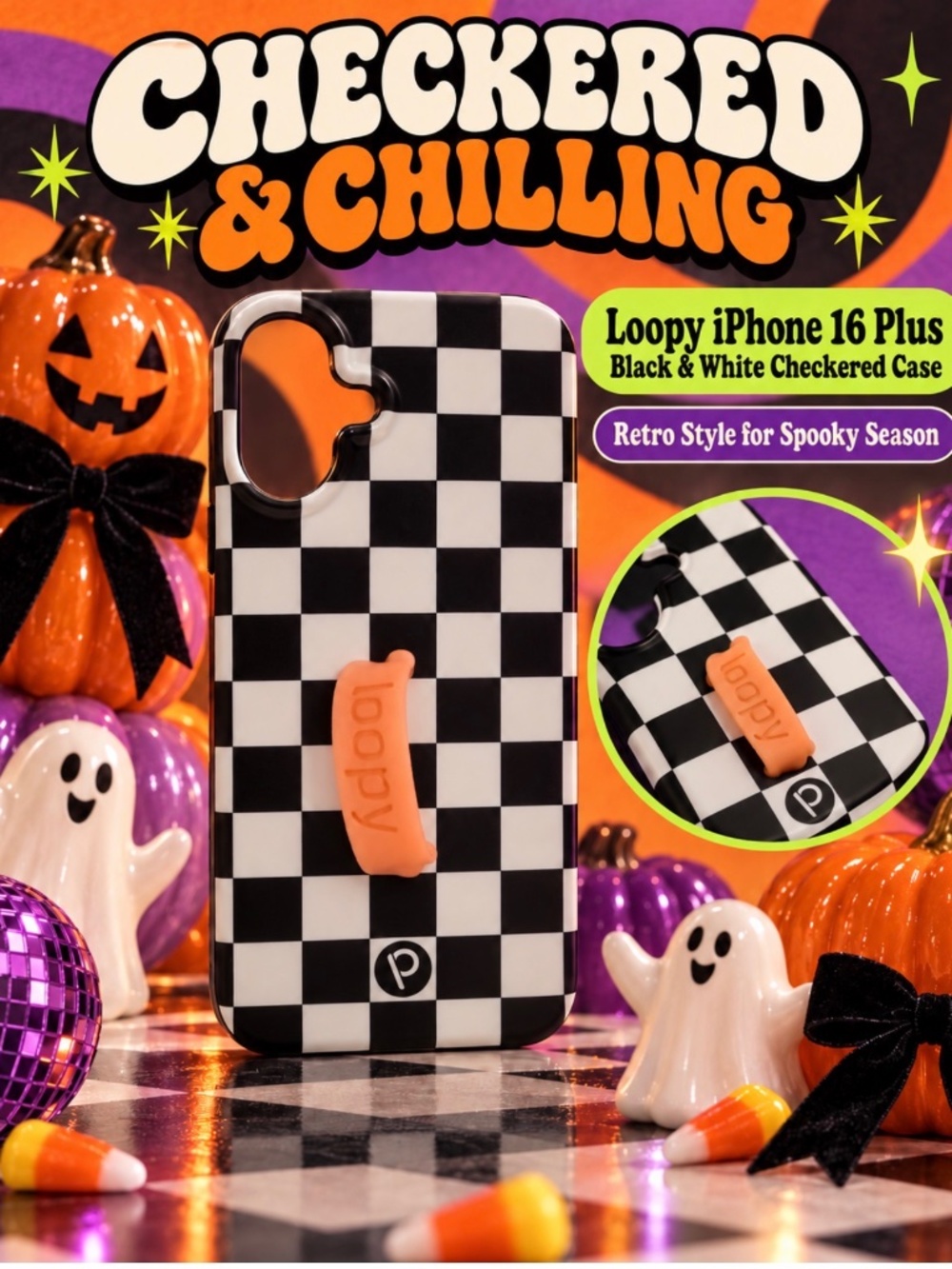 Loopy iPhone 16 Plus Black & White Check Case + Orange & Holiday Sweater Loops